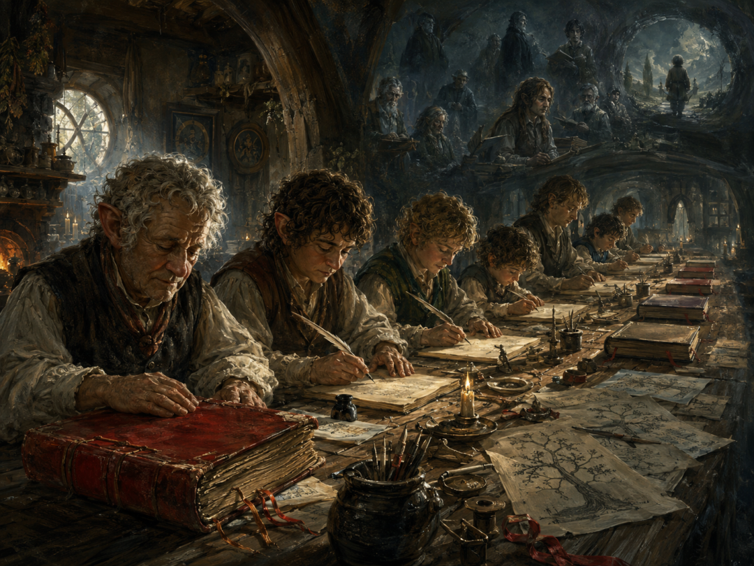 Generations of hobbits making careful copies of the Red Book in Westmarch