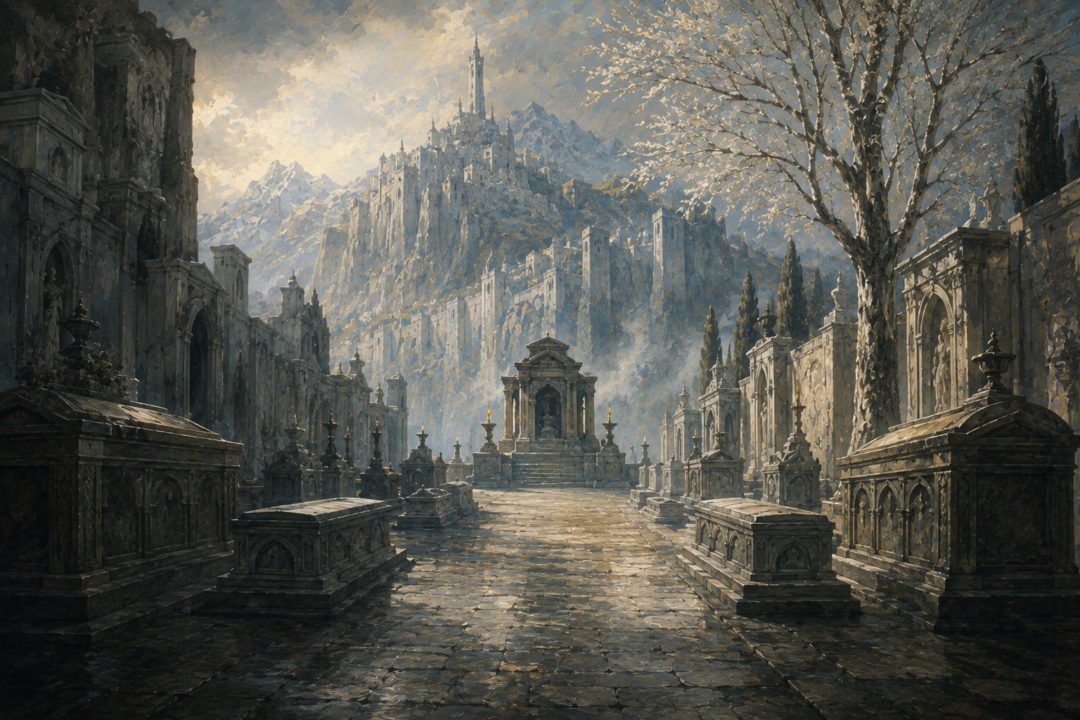 Hobbit-sized memorials of Merry and Pippin among the honoured tombs of Rath Dínen in Gondor