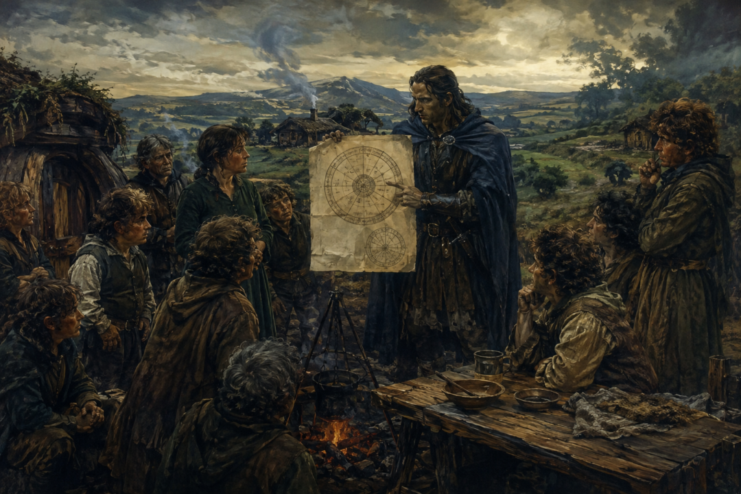 Early Hobbits in Eriador learning the structured Kings' Reckoning inherited from the Dúnedain of Arnor.
