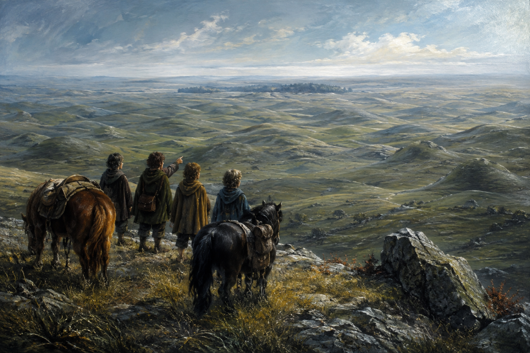 Four hobbits and their ponies look north across the Barrow-downs toward the distant East Road on a clear autumn morning.