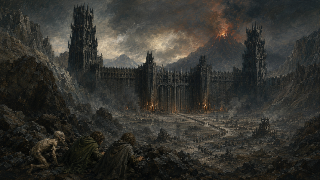 Frodo, Sam and Gollum hiding before the heavily fortified Black Gate of Mordor.