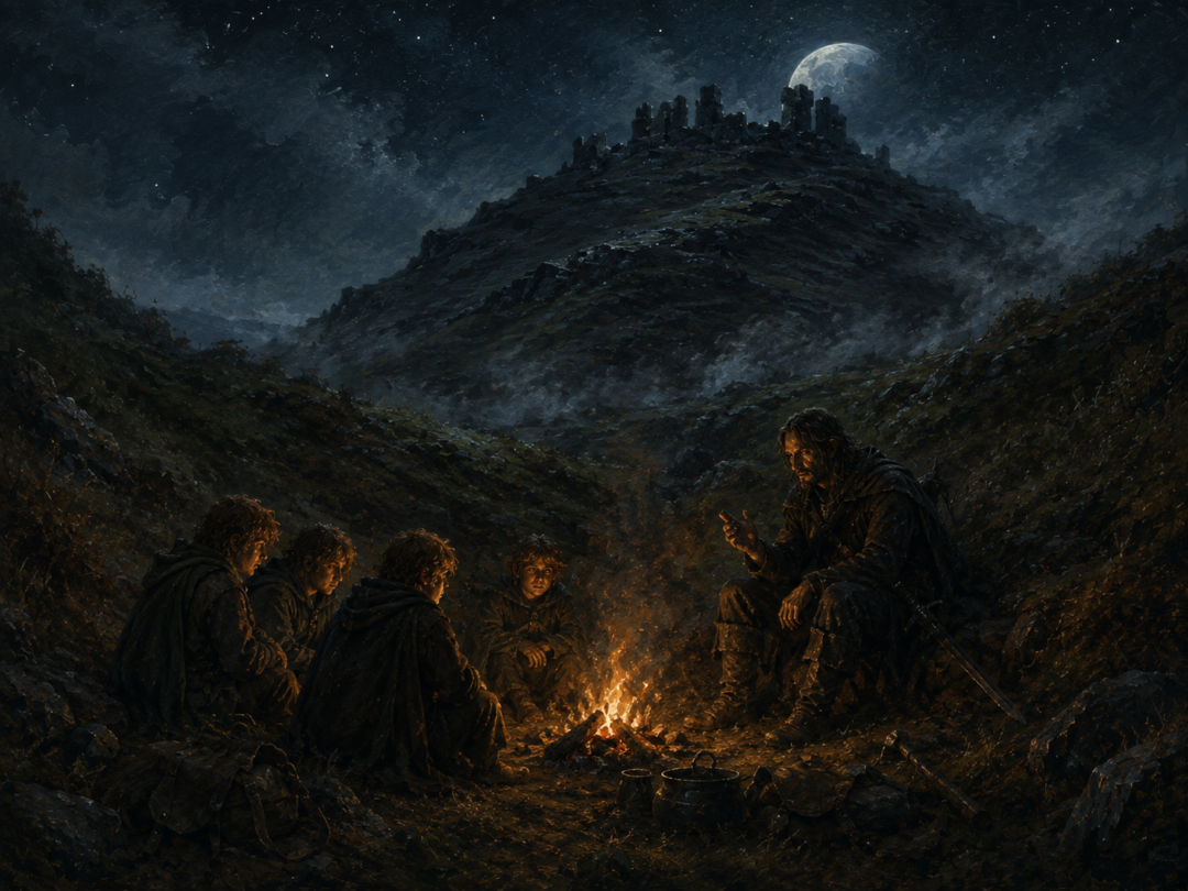 Hobbits gather around a campfire with Aragorn in the sheltered dell as the moon rises over Weathertop.