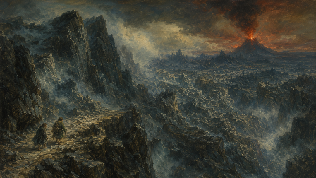 Frodo and Sam navigating the broken ridges of Emyn Muil with Mordor and Mount Doom far beyond.