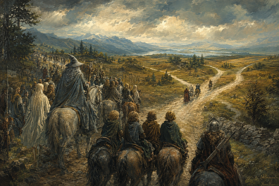 The four hobbits travelling home among the larger company of their friends after the War of the Ring.