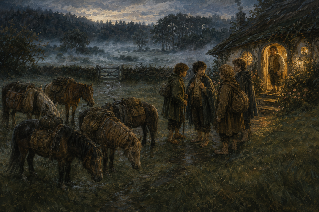 Frodo, Sam, Merry and Pippin preparing to leave Crickhollow with packed ponies before entering the Old Forest.