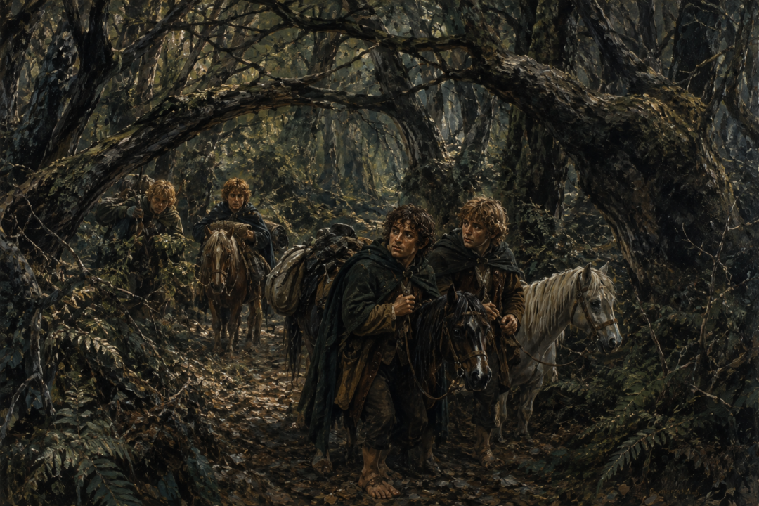 Four hobbits struggling through the Old Forest as its paths and trees force them away from their intended route north