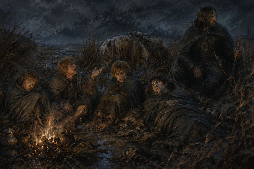 The exhausted hobbits endure midges and relentless nighttime insects at a cold, damp camp in the Midgewater Marshes.
