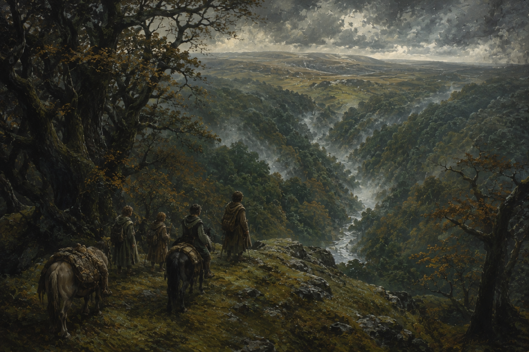 Four hobbits and their ponies look from a bare hilltop toward the mist-filled Withywindle valley deep in the Old Forest.