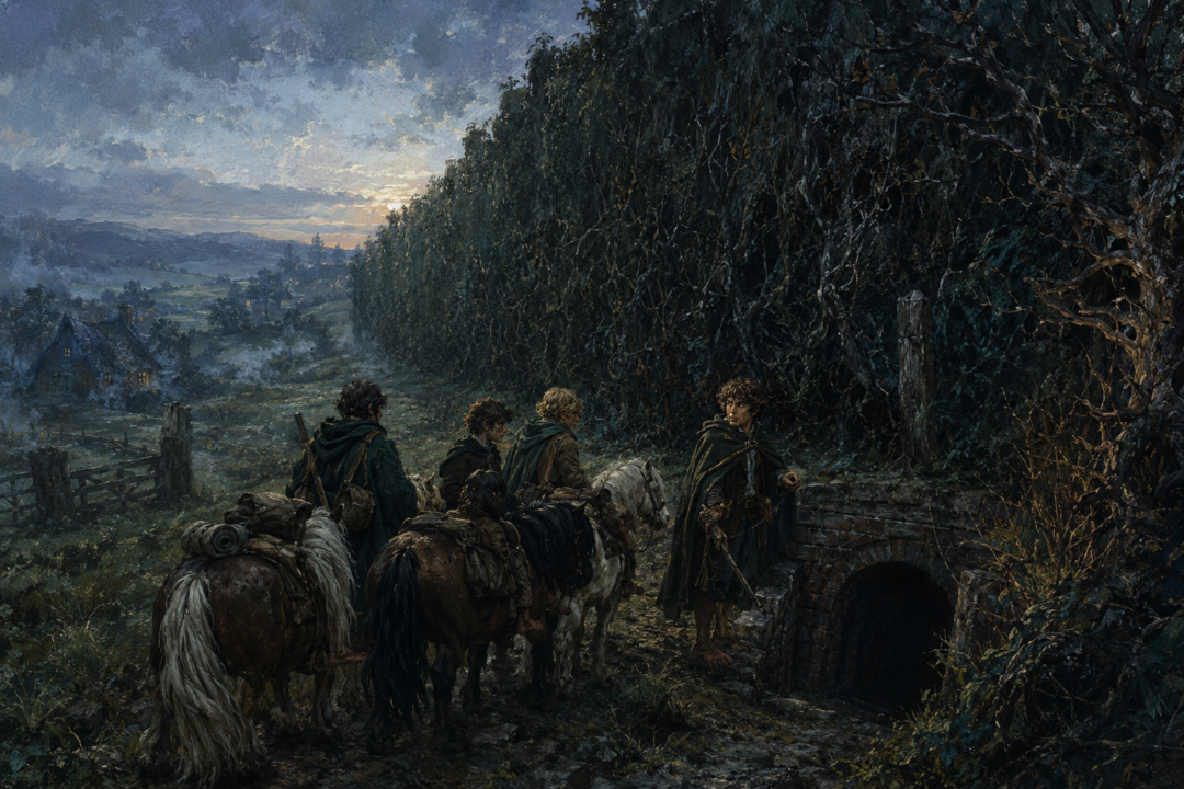 Frodo, Merry, Sam and Pippin approaching the secret tunnel beneath the High Hay into the Old Forest before dawn