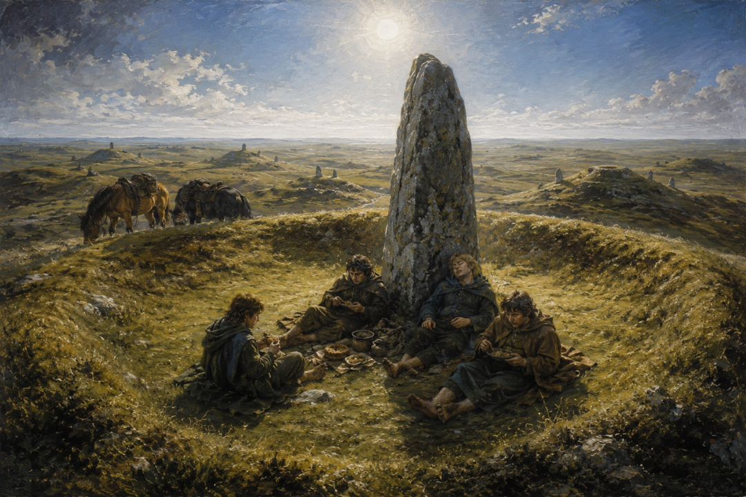 The hobbits rest beside a solitary standing stone on a sunlit hilltop in the Barrow-downs before falling asleep.