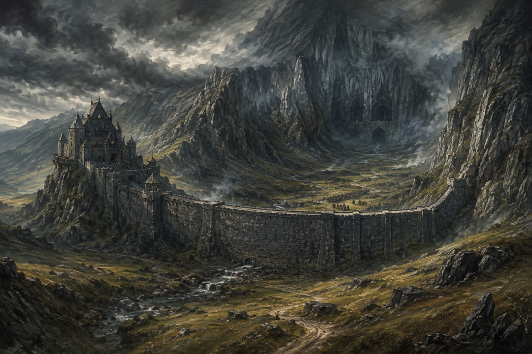 Elevated view of the Hornburg and Deeping Wall closing the entrance to Helm’s Deep beneath the White Mountains