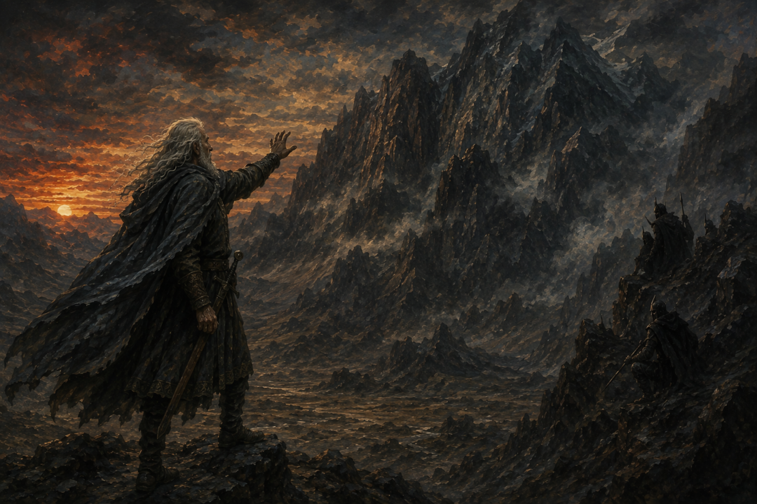 Húrin calling toward the hidden Gondolin while Morgoth's spies watch near the Encircling Mountains.