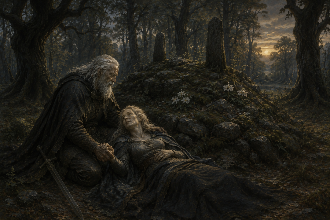 Húrin and Morwen reunited beside the grave mound of Túrin and Niënor in Brethil.