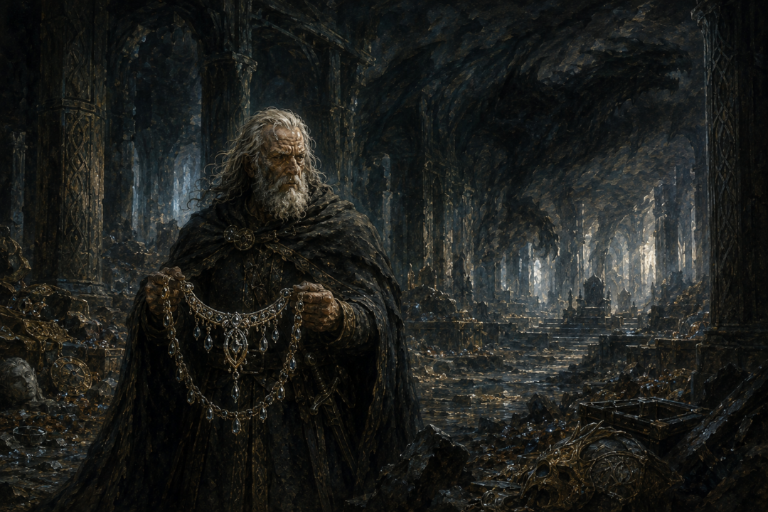 Húrin holding the Nauglamír amid the abandoned ruins and treasure of Nargothrond.