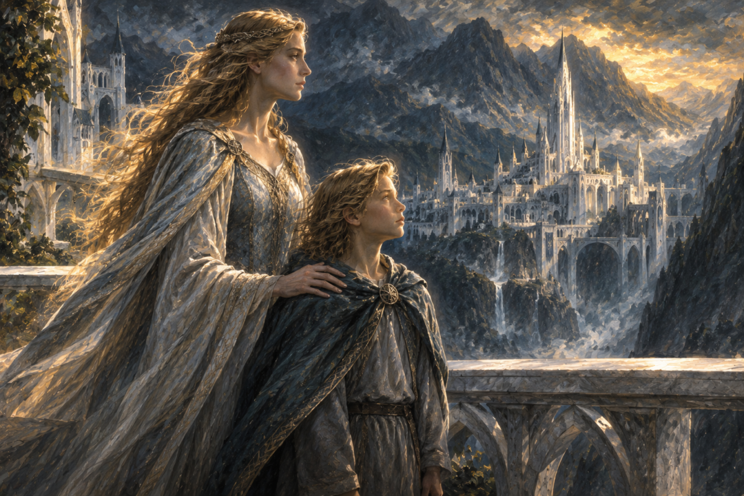 Idril Celebrindal and young Eärendil overlooking the hidden Elven city of Gondolin.