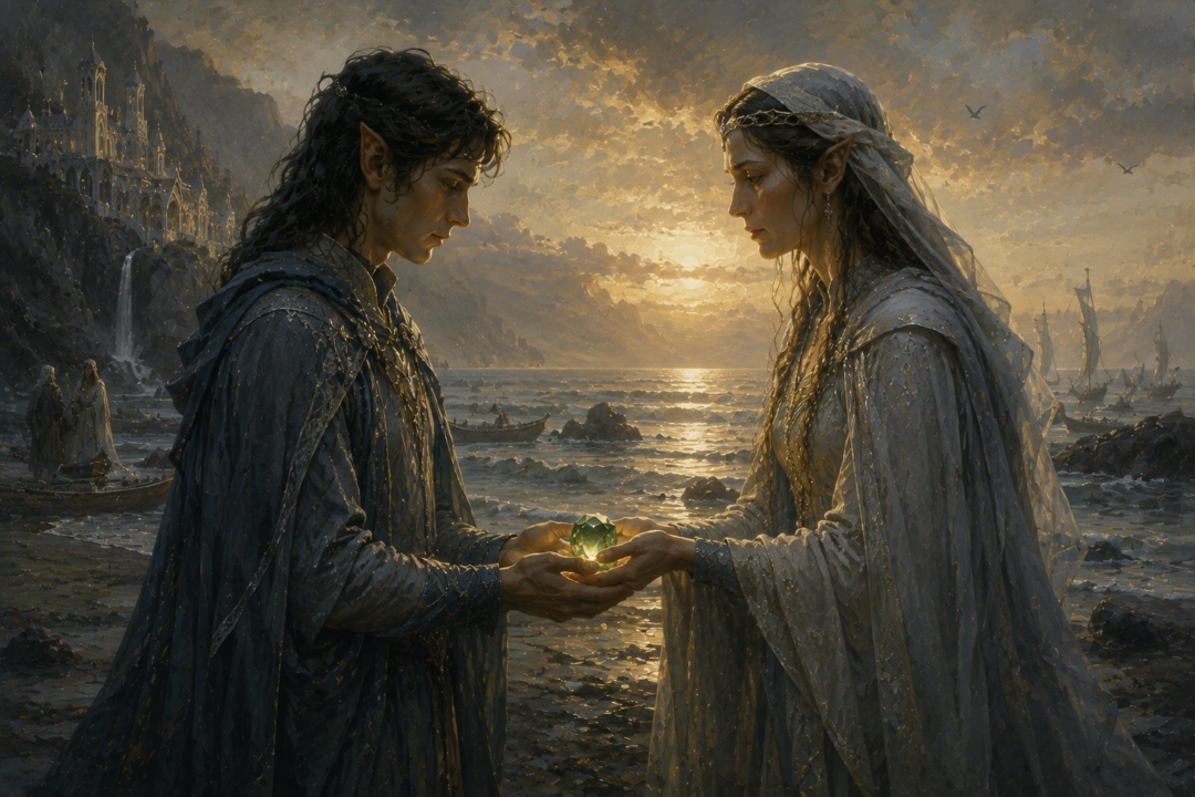 Idril giving the green Elessar to Eärendil beside the western sea
