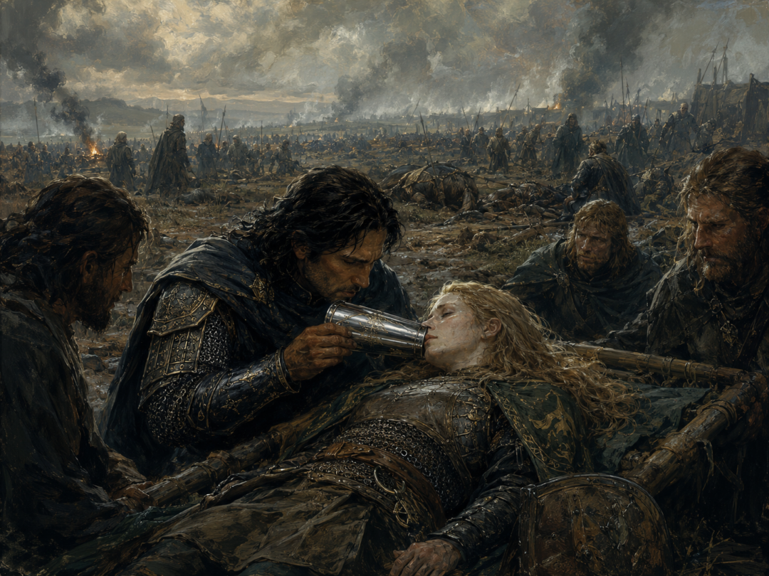 Prince Imrahil holds his polished vambrace before Éowyn's lips and discovers that she is still breathing on the Pelennor Fields.