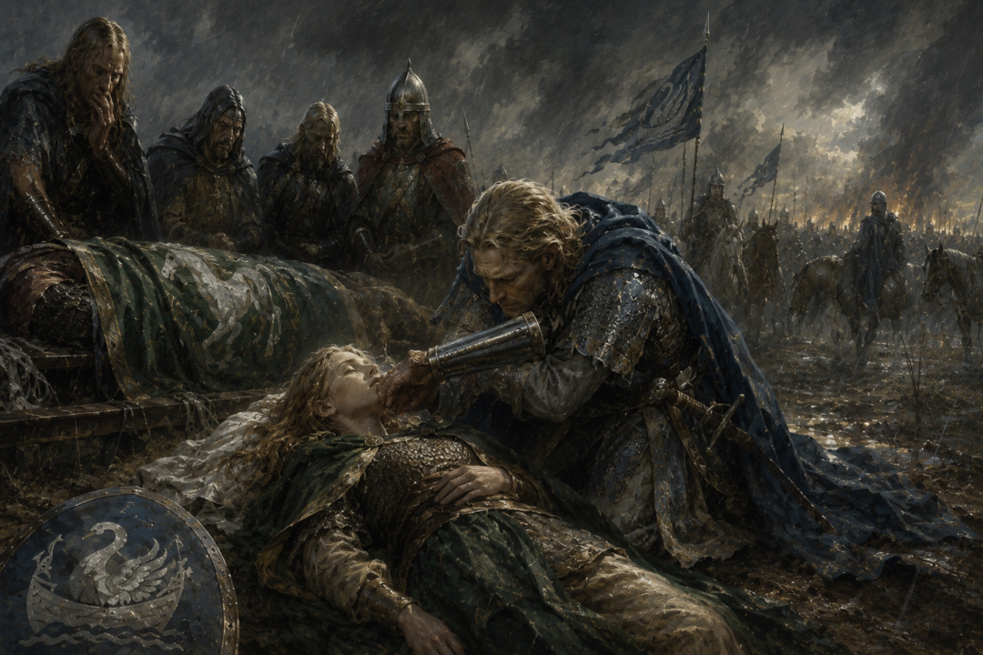 Prince Imrahil checks Éowyn's breath with his polished vambrace and discovers that she is still alive after the Battle of the Pelennor Fields.