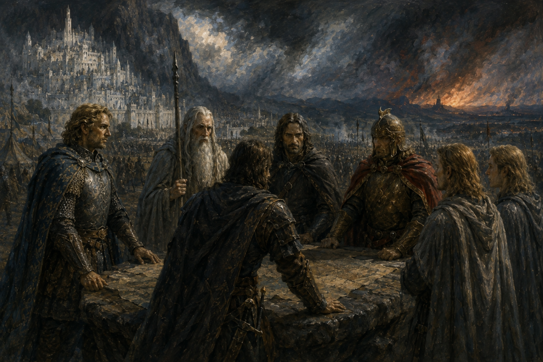 Prince Imrahil, King Elessar and Prince Faramir overlooking a recovering Gondor after the War of the Ring.