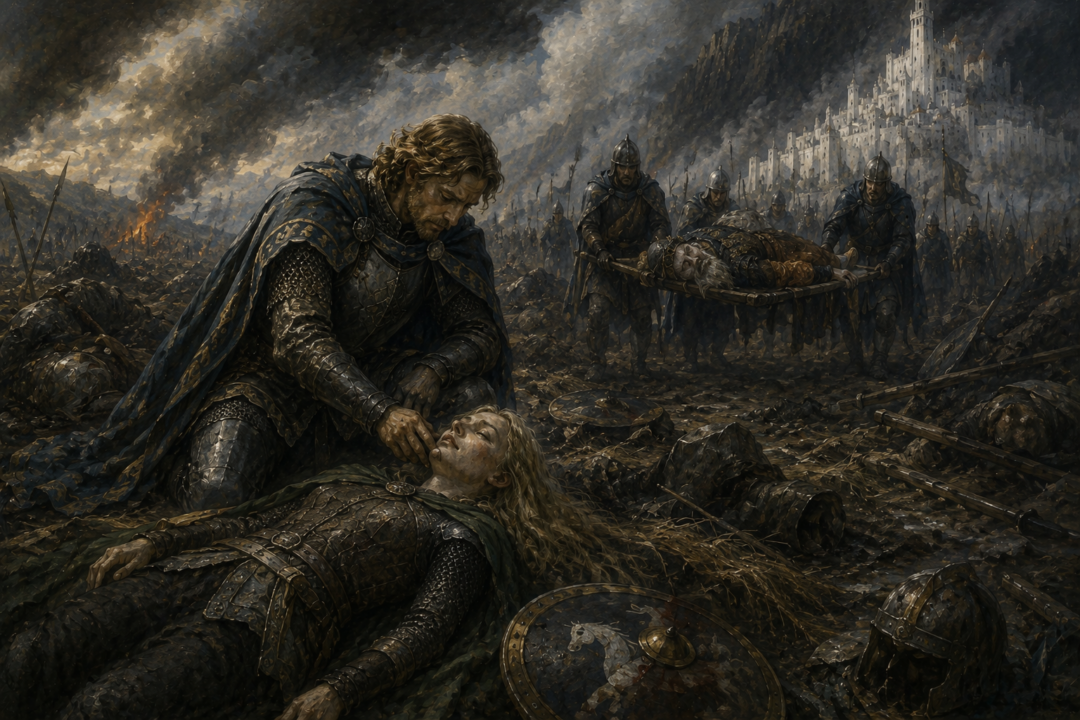 Prince Imrahil discovers that Éowyn is still alive on the devastated Pelennor Fields.