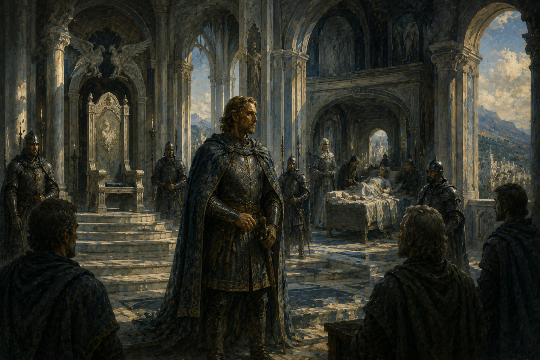 Prince Imrahil joins Aragorn, Gandalf, Éomer, Elladan and Elrohir at the Last Debate before the march on Mordor.
