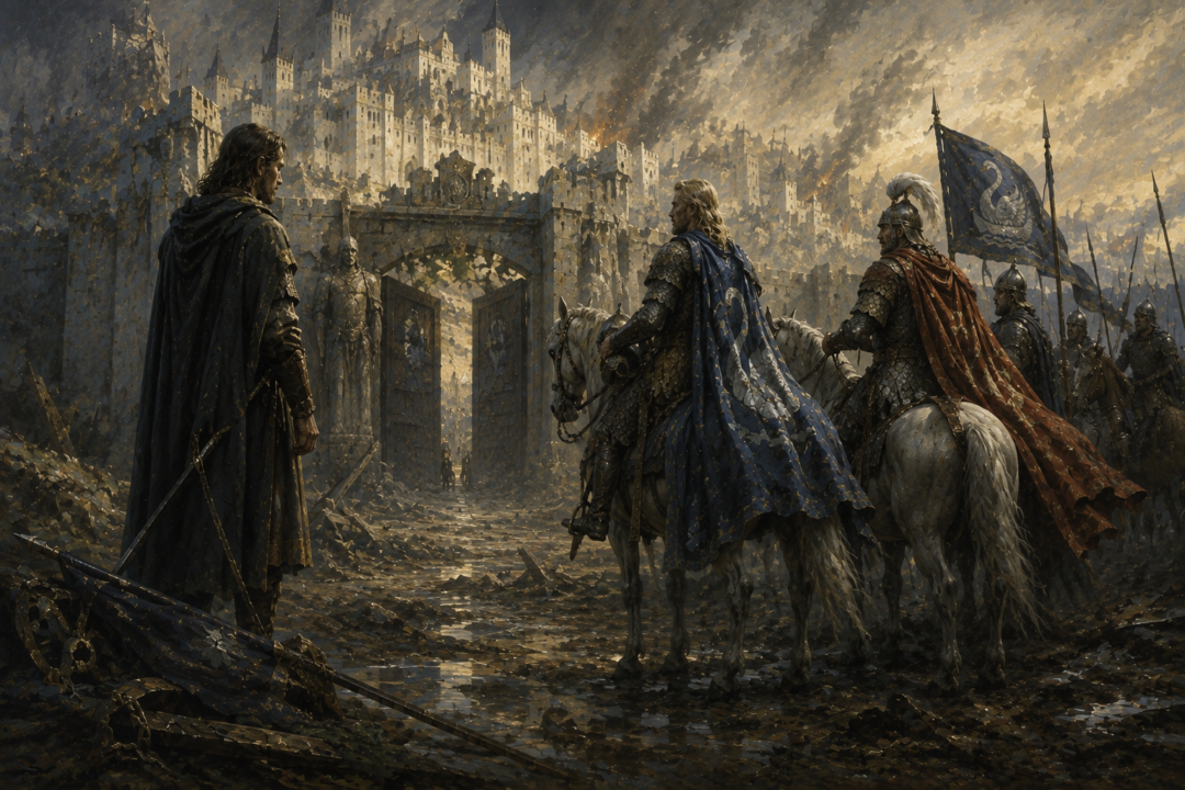 Prince Imrahil stands with Aragorn, Éomer, and Gandalf outside the Houses of Healing as Gondor's temporary leadership is settled.