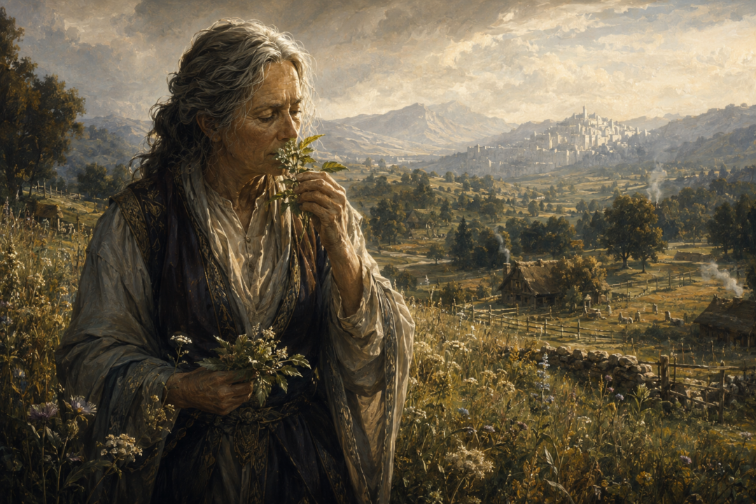 Ioreth holds bruised kingsfoil in the countryside of Gondor, symbolizing folk memory preserving forgotten healing lore.