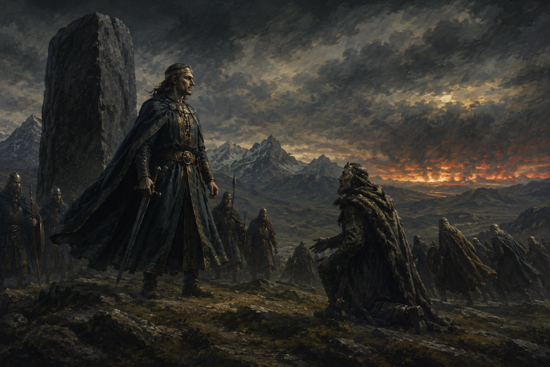 Isildur pronounces judgment on the King of the Mountains after his people break their oath.