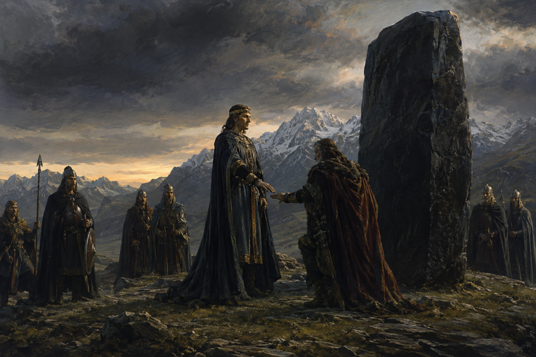 The King of the Mountains swears allegiance to Isildur beside the black Stone of Erech.