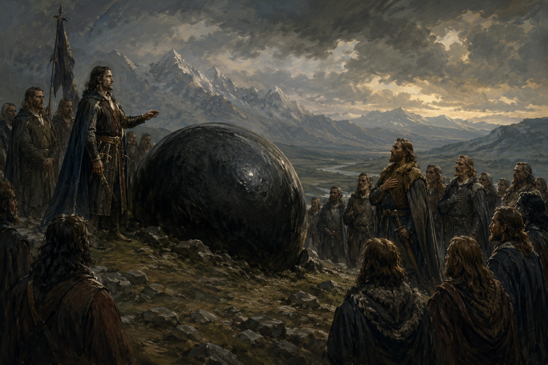 Isildur beside the Stone of Erech as the King of the Mountains swears his ancient oath of allegiance.