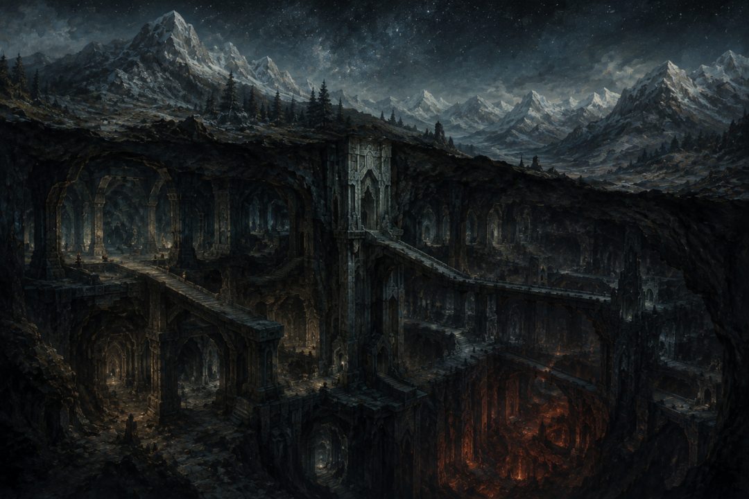 Abandoned halls of Khazad-dûm with the hidden threat of Durin's Bane deep beneath the mountains