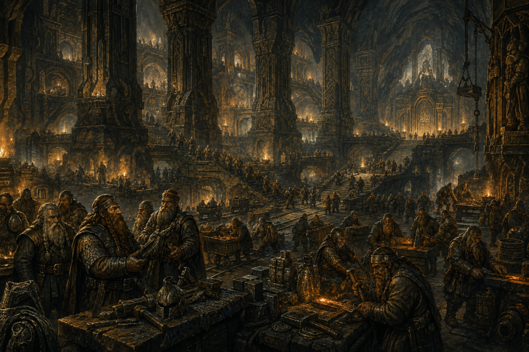 The halls of Khazad-dûm growing more populous and prosperous after the arrival of Dwarves from Belegost and Nogrod.