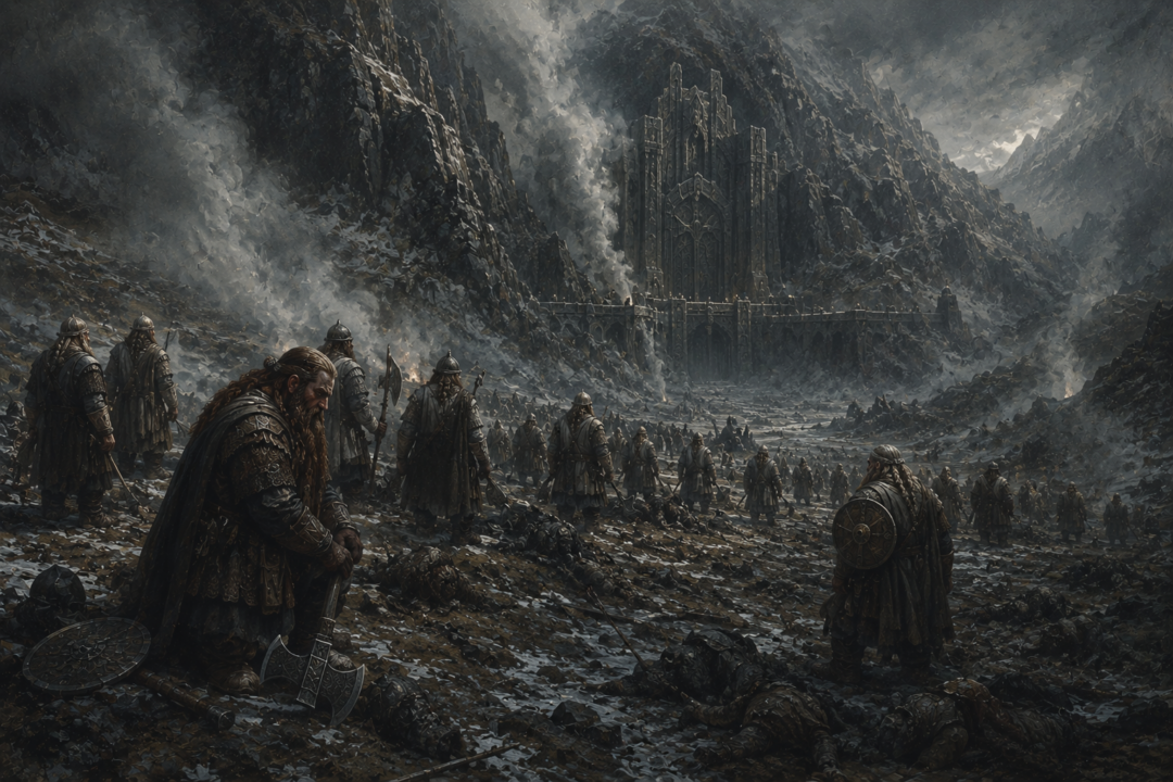 Symbolic Dwarven landscape showing mountains, Mirrormere, streams, and Khazad-dûm preserving Khuzdul place-names across the ages