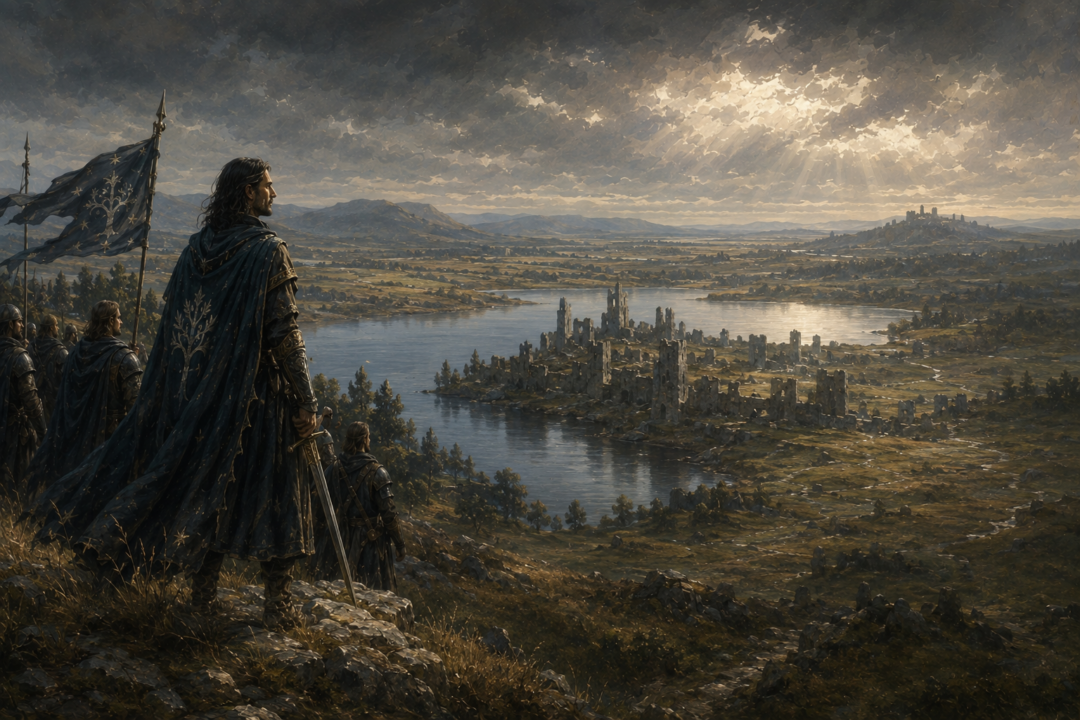 King Elessar overlooking Lake Evendim and Annúminas during the restoration of the northern kingdom