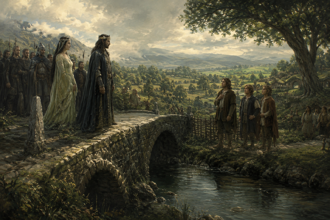King Elessar greeting his Hobbit friends at the Brandywine Bridge while respecting the law barring Men from the Shire.
