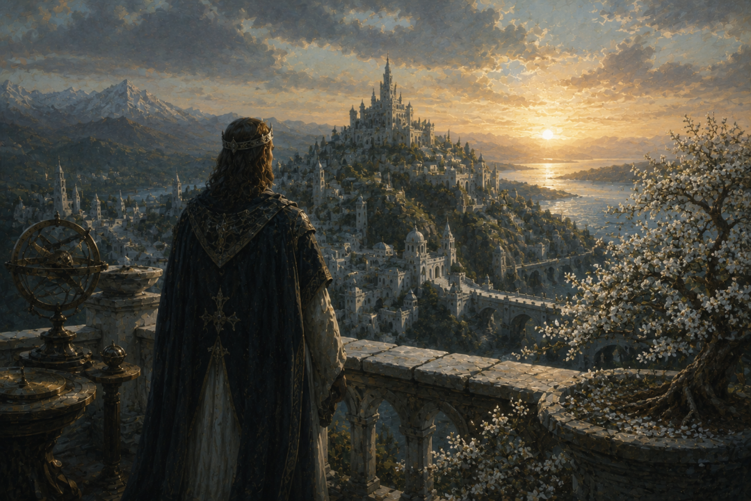 King Elessar overlooking Minas Tirith at dawn as Gondor begins the New Reckoning