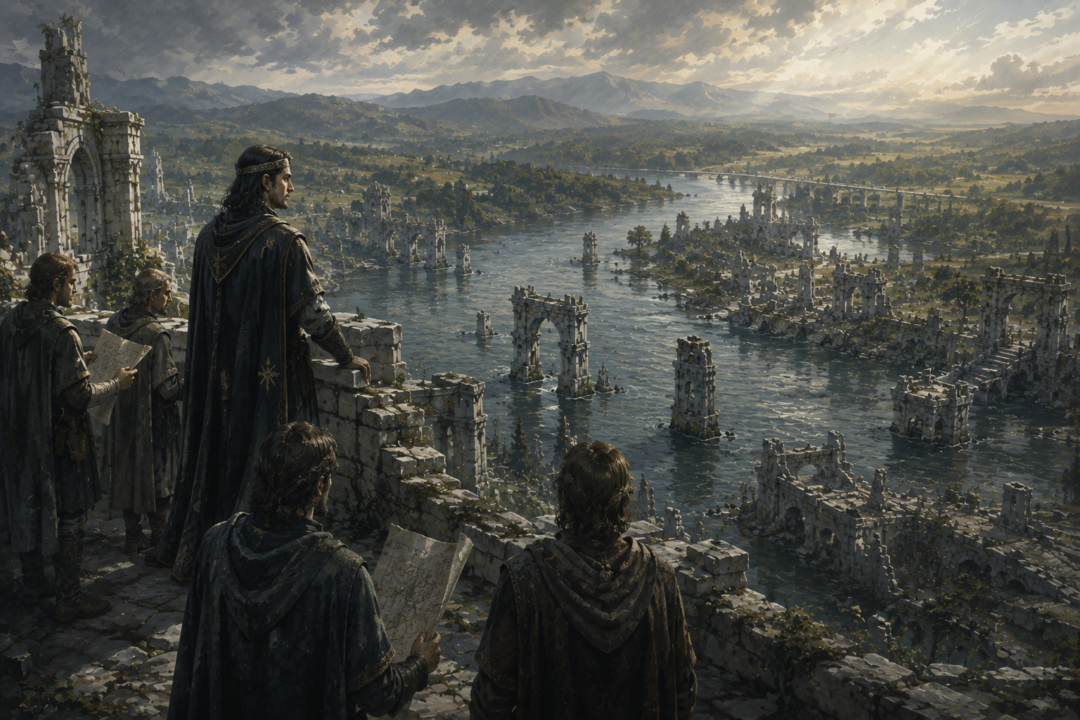 King Elessar and Gondorian surveyors overlooking the ruins of Osgiliath and the recovering lands of Ithilien.