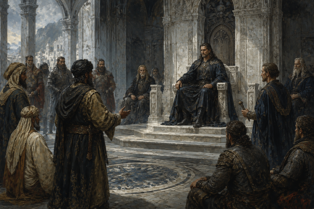 King Elessar delivering postwar judgements in the Hall of the Kings at Minas Tirith