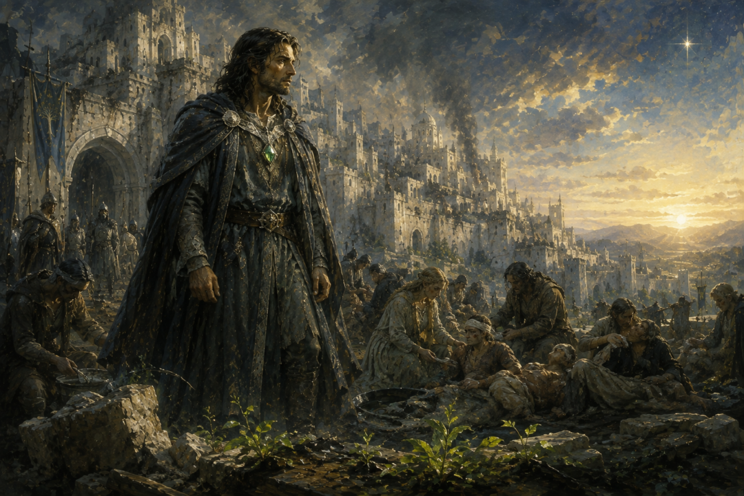 Aragorn as Elessar at the beginning of the Fourth Age with the war-scarred city and signs of renewal around him.