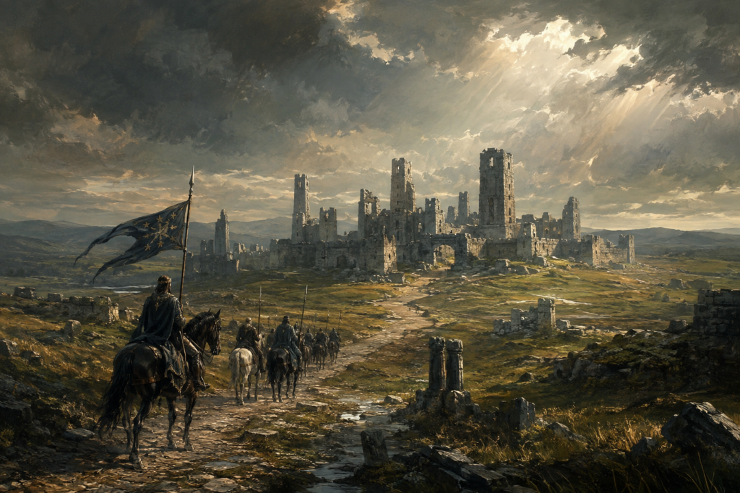 King Elessar and northern Dúnedain riding toward the ancient ruins of Fornost Erain on the North Downs