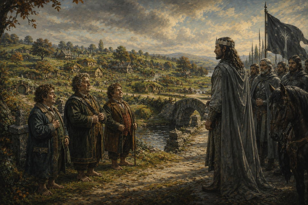 King Elessar meeting Hobbit leaders at the Brandywine Bridge while respecting the Shire's protected border.