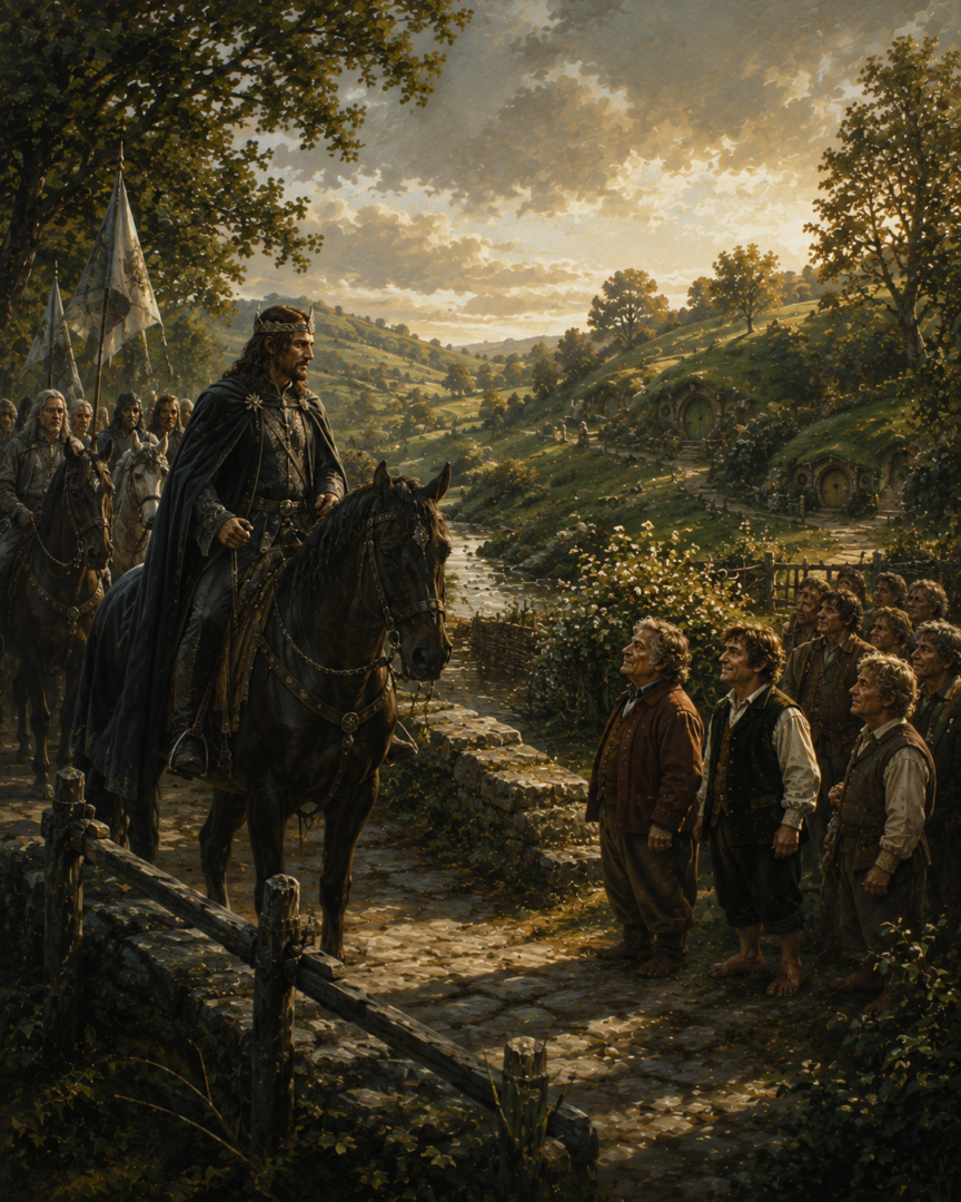 King Elessar meeting Hobbits at the Brandywine boundary while respecting the freedom of the Shire.