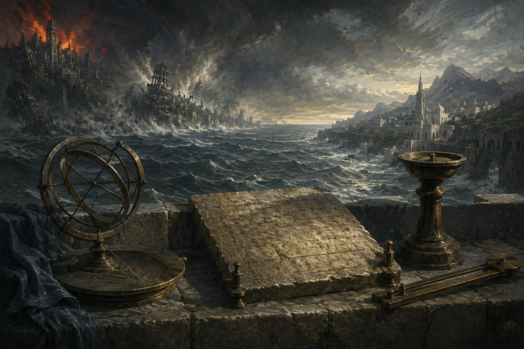 Ancient Númenórean calendar instruments symbolizing the King's Reckoning surviving the Downfall of Númenor