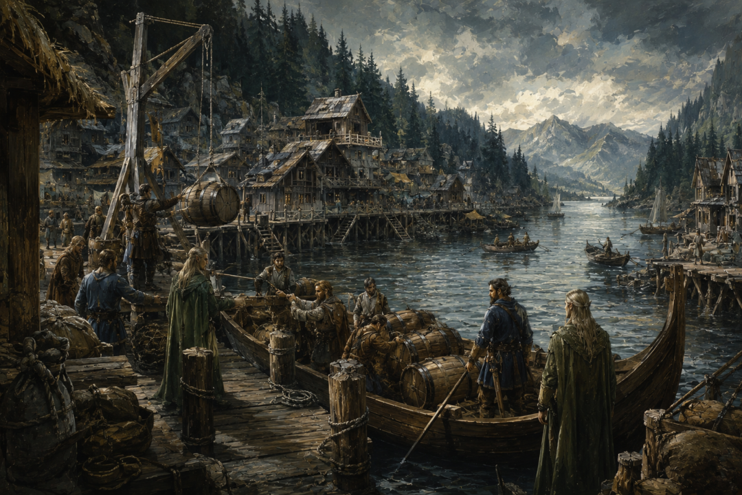 Merchants transferring barrels and cargo at Lake-town between eastern river routes and the Woodland Realm.