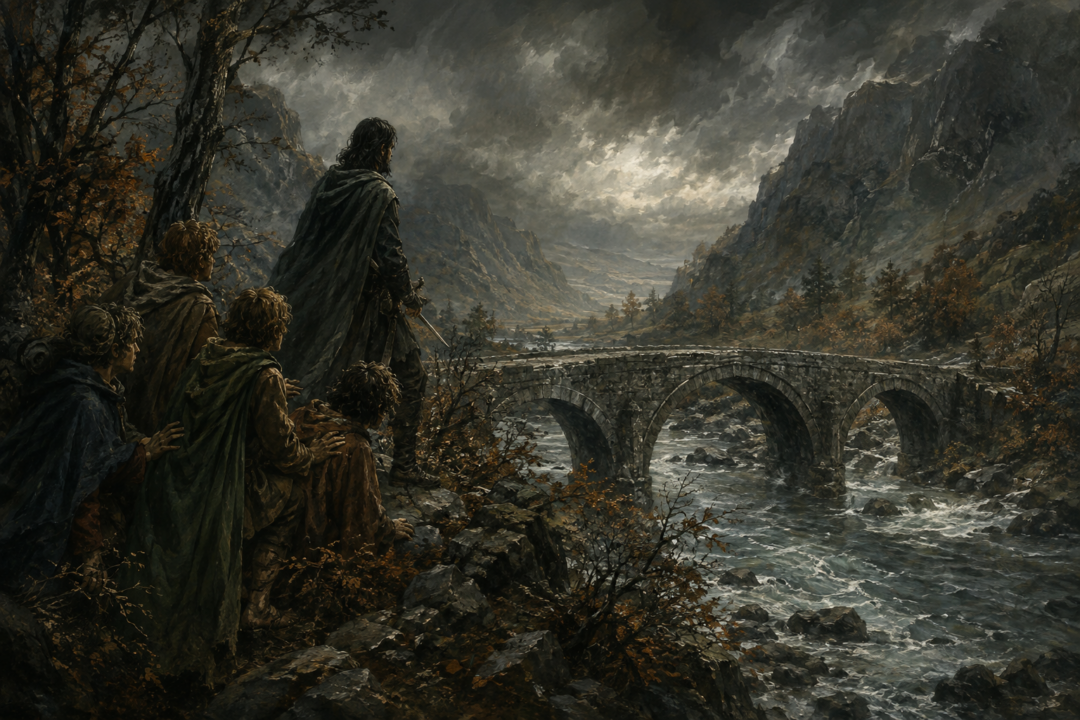 Aragorn and the hobbits watch the apparently empty Last Bridge over the Mitheithel before attempting to cross.