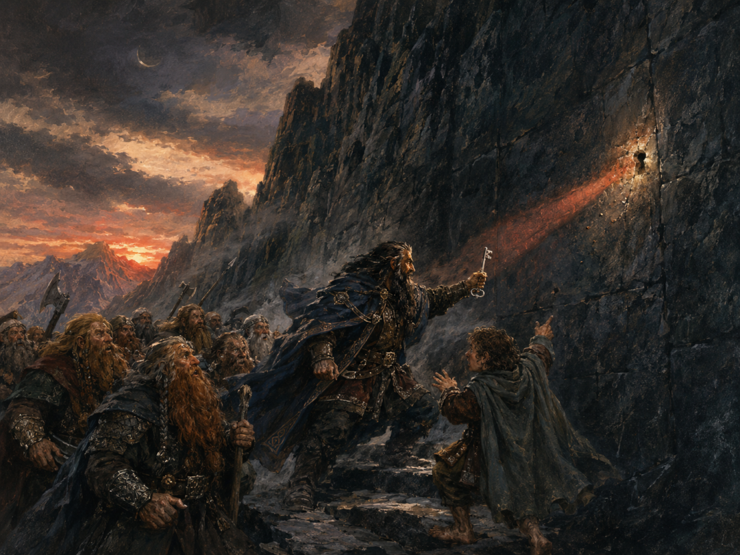 The last light of Durin’s Day reveals the hidden keyhole as Thorin prepares to use the key to Erebor.