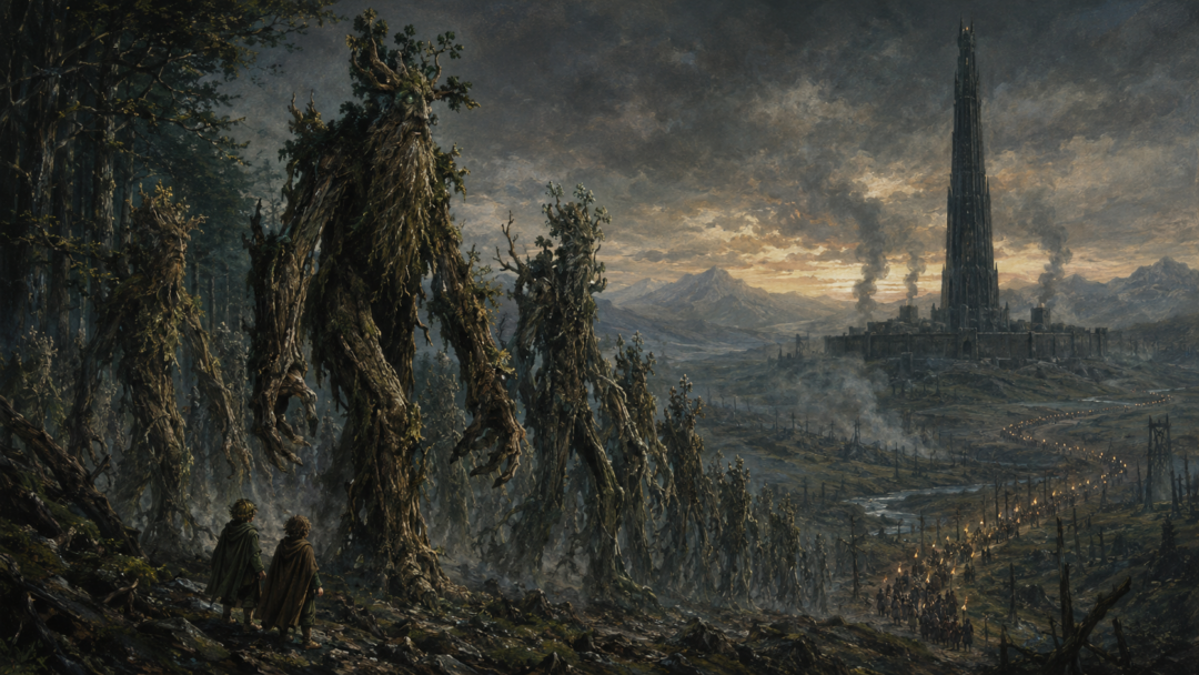 Treebeard leads the Ents from Fangorn toward Isengard as Saruman's army disappears down the valley.