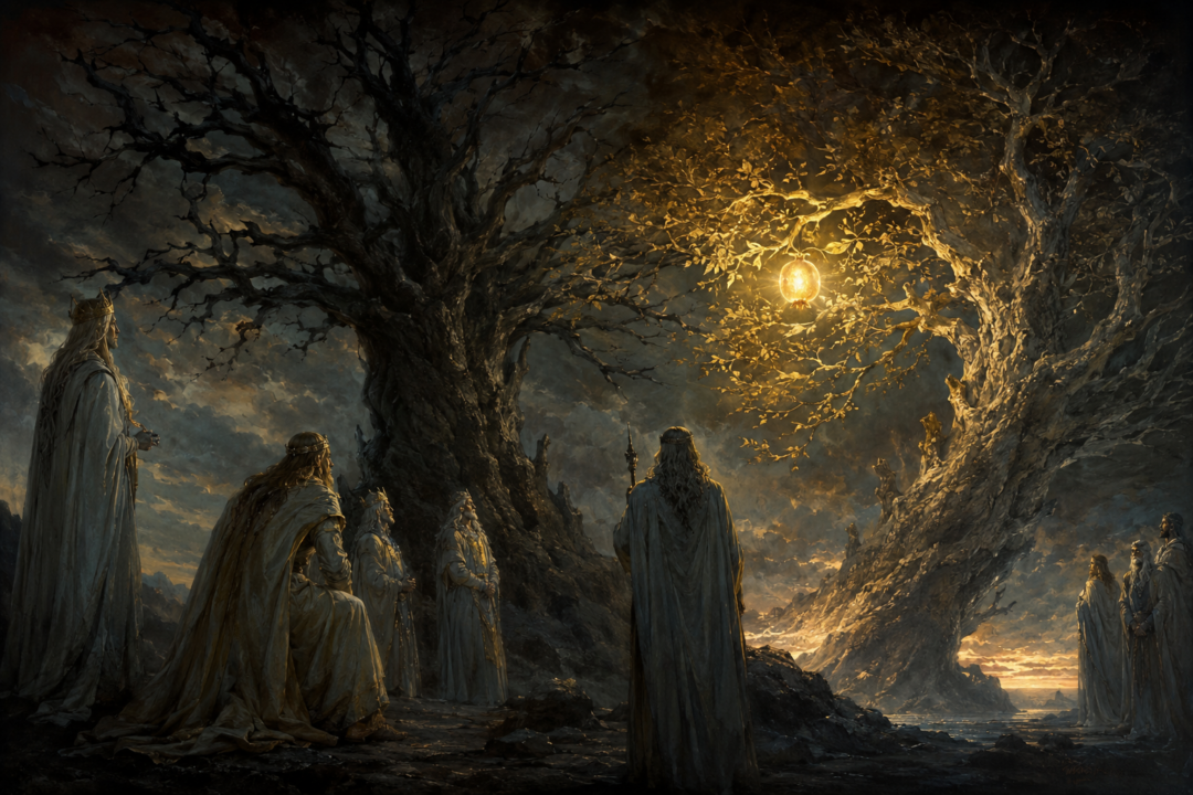 Laurelin bears its final golden fruit beside the darkened Two Trees in the traditional account of the Sun's origin.