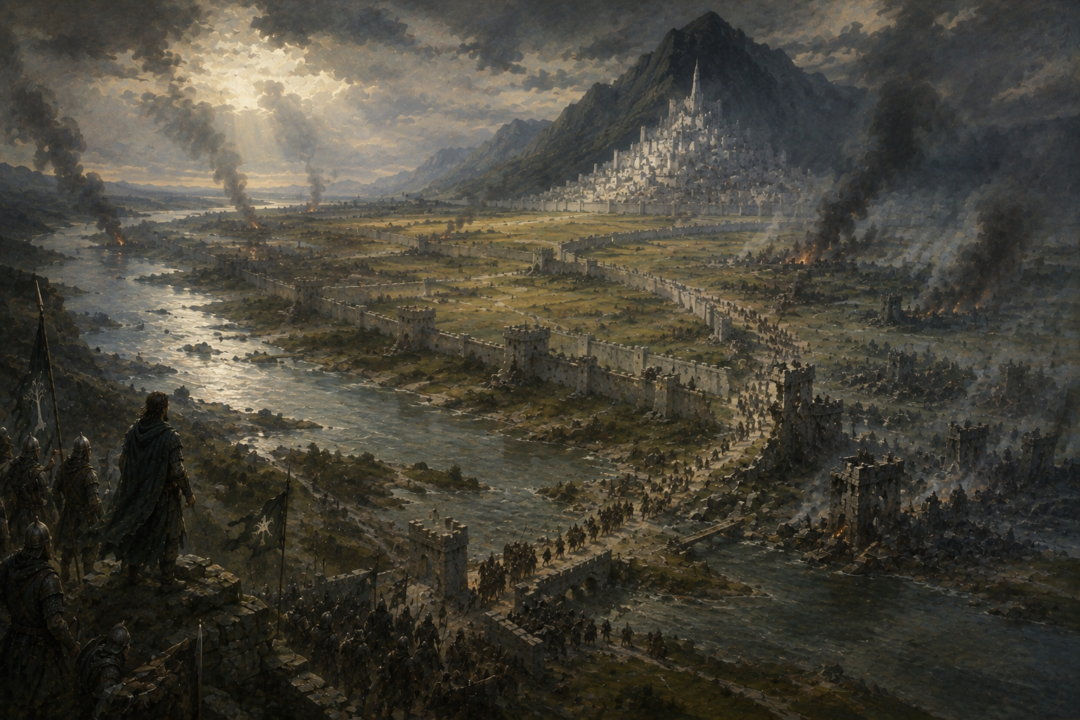 Panoramic view of Osgiliath, the broken Rammas Echor, the Pelennor Fields, and Minas Tirith showing Gondor's layered defenses.