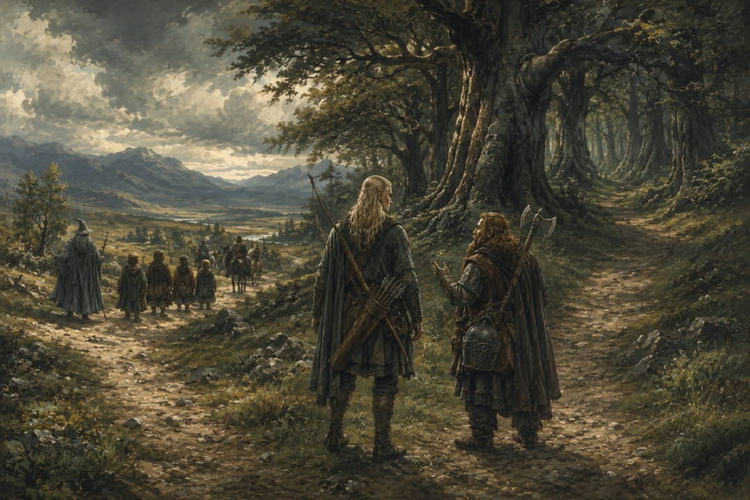 Legolas and Gimli leave the homeward company together and turn toward the ancient forest of Fangorn.